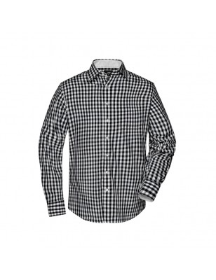 Fashionable checked shirt with uni-coloured insets on collar and cuff