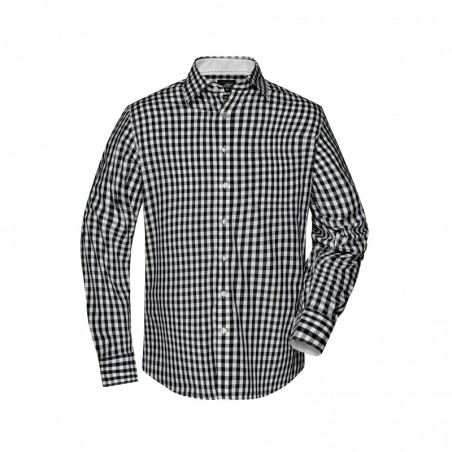 Fashionable checked shirt with uni-coloured insets on collar and cuff