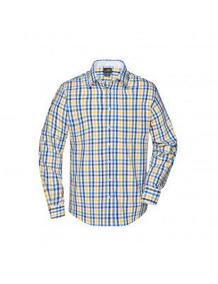 Fashionable checked shirt with uni-coloured insets on collar and cuff