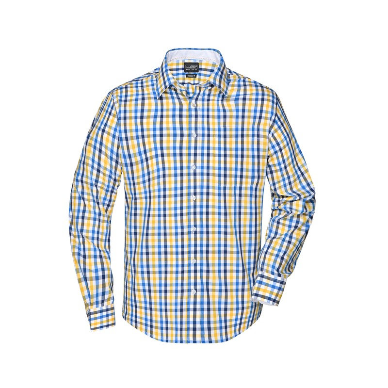 Fashionable checked shirt with uni-coloured insets on collar and cuff