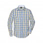 Fashionable checked shirt with uni-coloured insets on collar and cuff