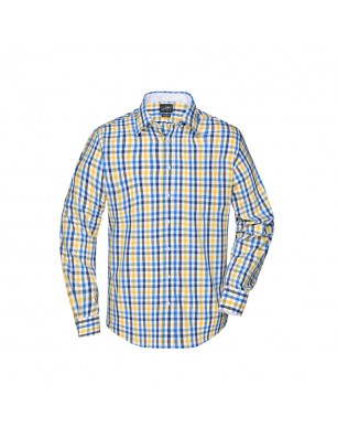 Fashionable checked shirt with uni-coloured insets on collar