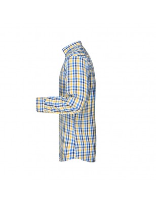 Fashionable checked shirt with uni-coloured insets on collar