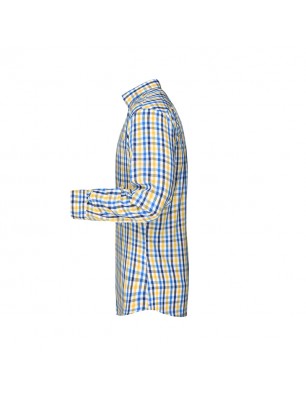 Fashionable checked shirt with uni-coloured insets on collar