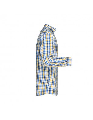 Fashionable checked shirt with uni-coloured insets on collar