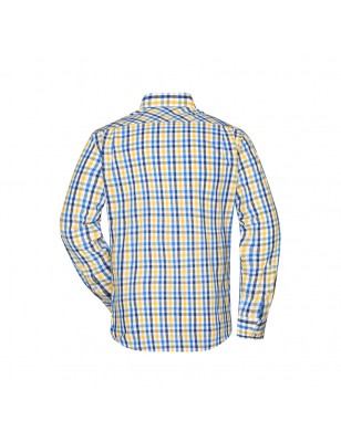 Fashionable checked shirt with uni-coloured insets on collar