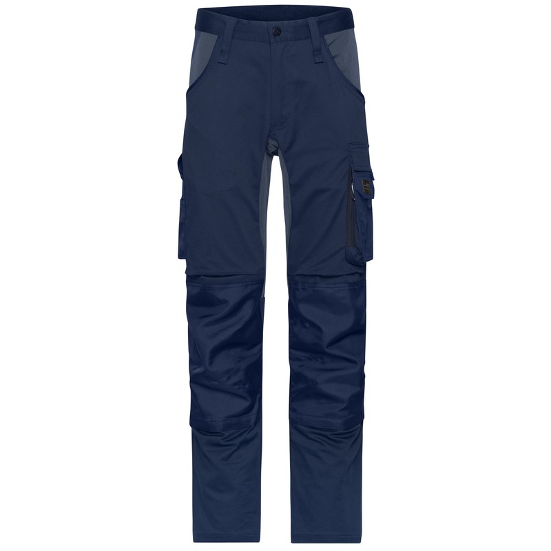 Specialized work pants in slim profile with elastic insets and functional details