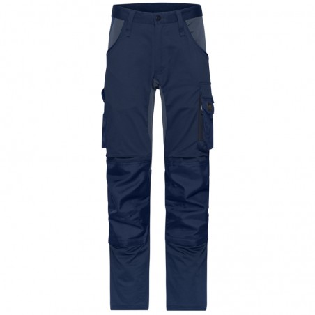 Specialized work pants in slim profile with elastic insets and