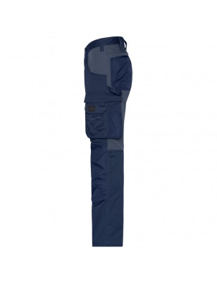 Specialized work pants in slim profile with elastic insets and