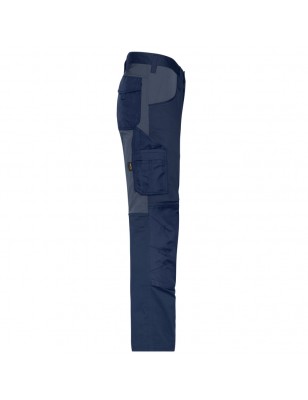 Specialized work pants in slim profile with elastic insets and