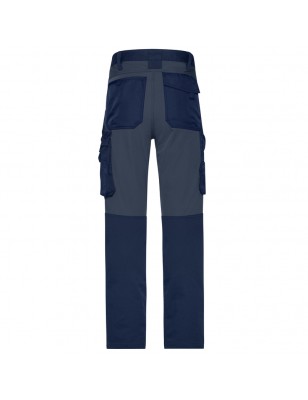 Specialized work pants in slim profile with elastic insets and