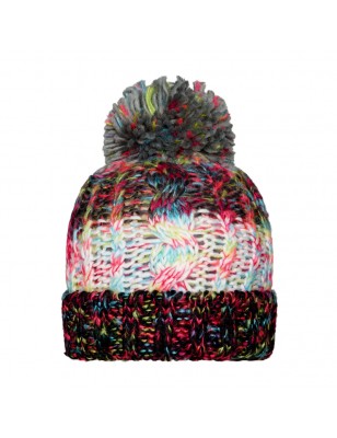 Multi-coloured hat with brim and pompon