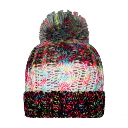 Multi-coloured hat with brim and pompon