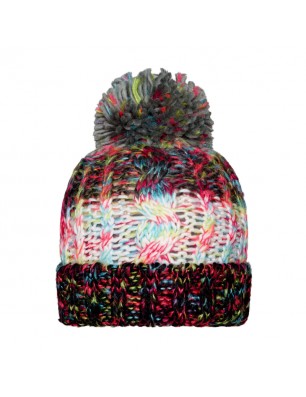 Multi-coloured hat with brim and pompon