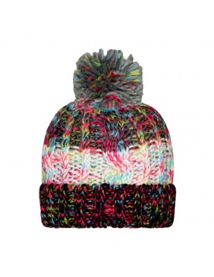 Multi-coloured hat with brim and pompon