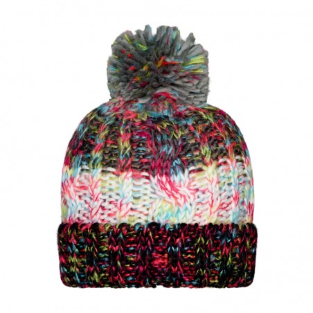 Multi-coloured hat with brim and pompon