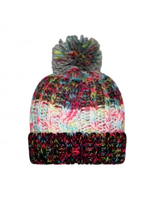 Multi-coloured hat with brim and pompon