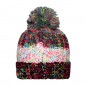 Multi-coloured hat with brim and pompon