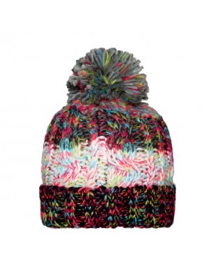 Multi-coloured hat with brim and pompon