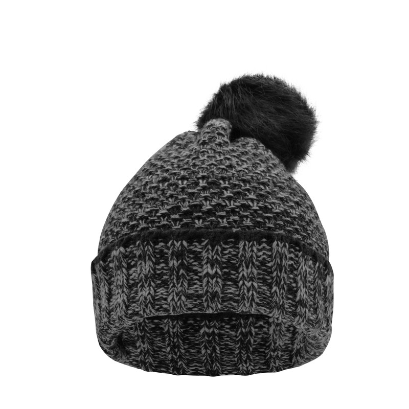 Melange knitted beanie with brim and large pompon