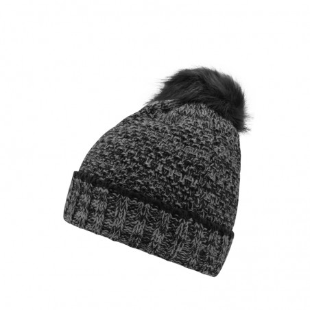 Melange knitted beanie with brim and large pompon