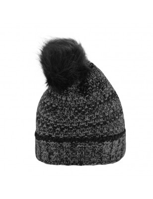 Melange knitted beanie with brim and large pompon