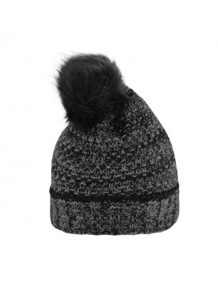 Melange knitted beanie with brim and large pompon