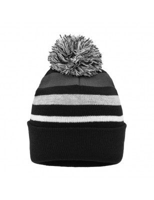 Classic knitted beanie with fashionable stripes and a multicoloured pompon