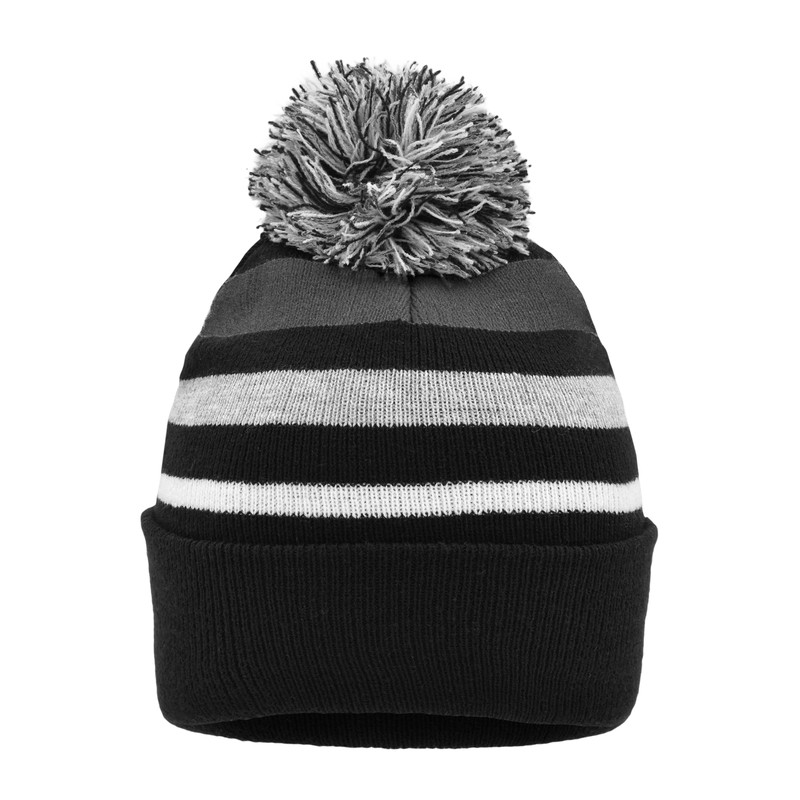 Classic knitted beanie with fashionable stripes and a multicoloured pompon