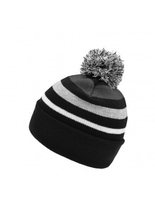 Classic knitted beanie with fashionable stripes and a multicoloured pompon