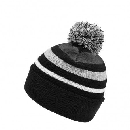 Classic knitted beanie with fashionable stripes and a multicoloured pompon