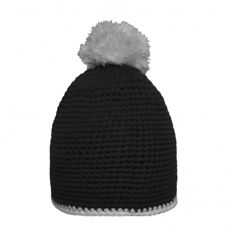 Crocheted hat with contrasting border and pompon