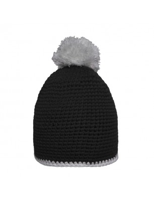 Crocheted hat with contrasting border and pompon