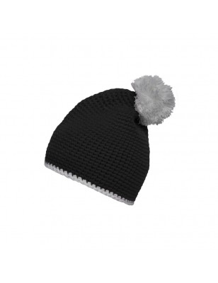 Crocheted hat with contrasting border and pompon