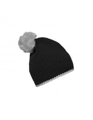 Crocheted hat with contrasting border and pompon