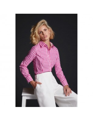 Fashionable checked shirt with uni-coloured insets on collar