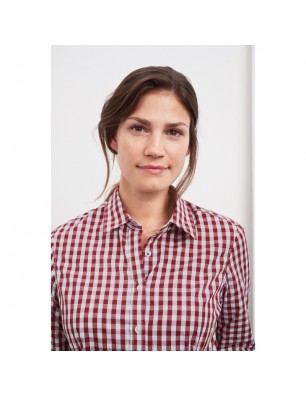 Fashionable checked shirt with uni-coloured insets on collar