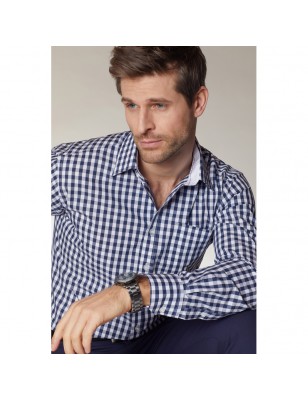 Fashionable checked shirt with uni-coloured insets on collar