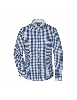 Fashionable checked shirt with uni-coloured insets on collar and cuff